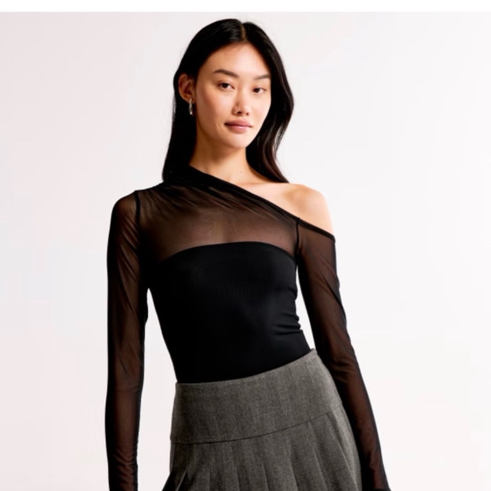 Abercrombie & Fitch Black One-Shoulder Sheer Mesh Bodysuit